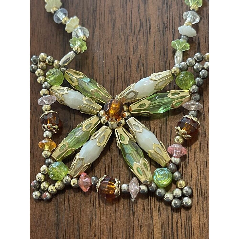 Handcrafted Beaded Butterfly Necklace Green Ivory Brown Long Beautiful Elegant